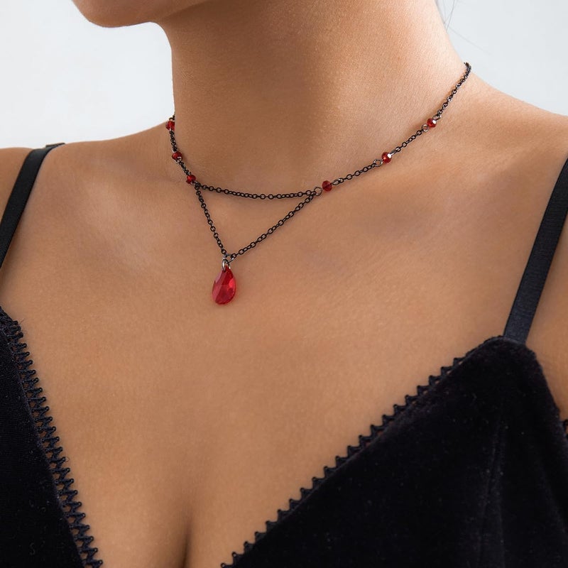 Cicod Gothic Y Necklace,Goth Black Red Crystal Bead Teardrop Necklace,Punk Y Necklace,Halloween Christmas New Year Jewelry Vampire Accessories for Women - Image 1